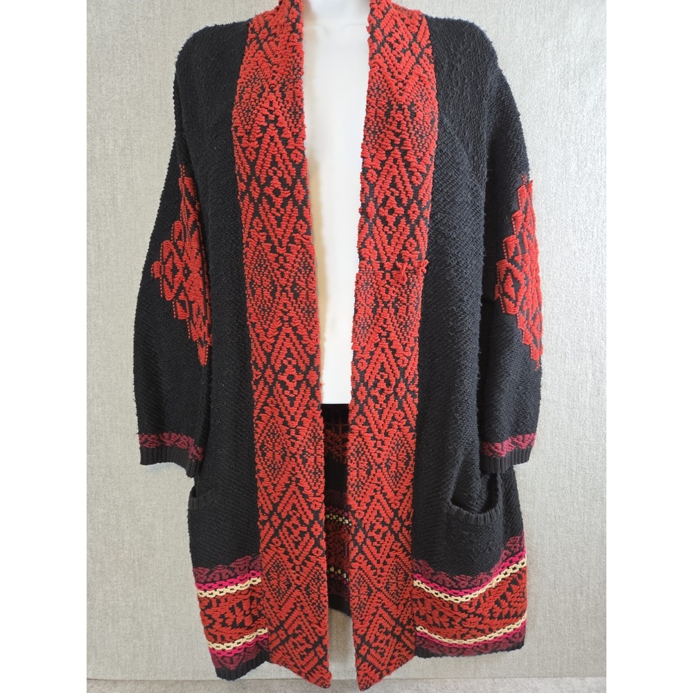 Lucky Brand Boho Tribal Open Front L Cardigan Duster Festival Embroidered Long